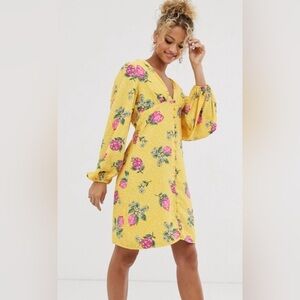 Never Fully Dressed Yellow Pink Lemonade Long Sleeve Sundress Button Front Small